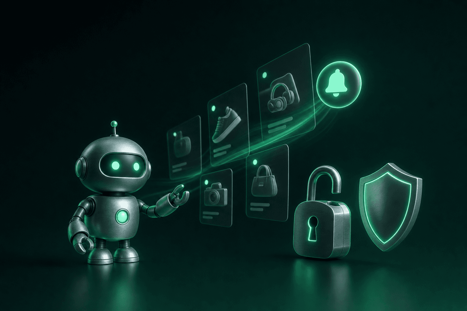 Robot posé devant un flux d'annonces Vinted et une notification Discord