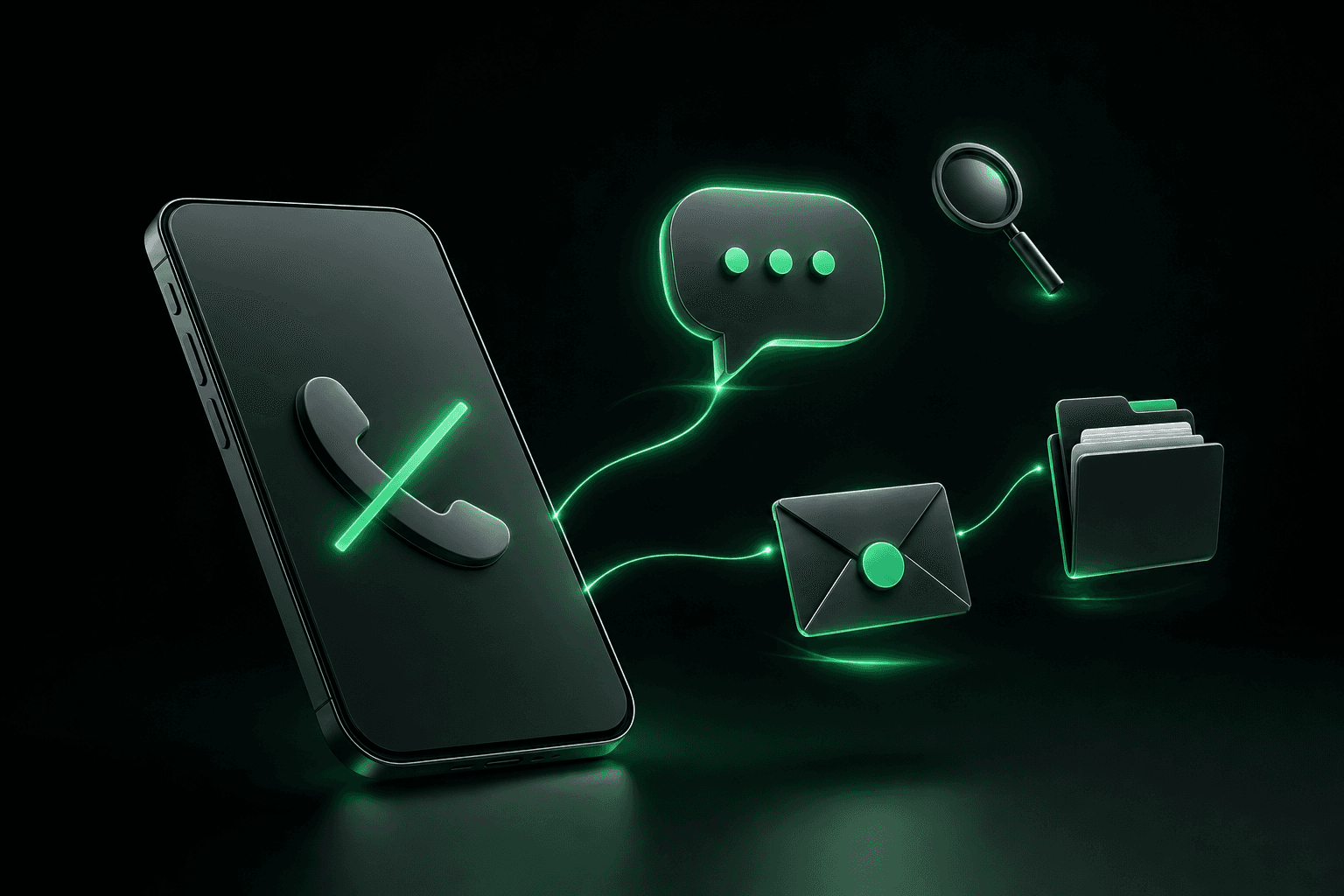 Bulle de discussion et enveloppe devant un téléphone barré, symbole du service client Vinted sans numéro