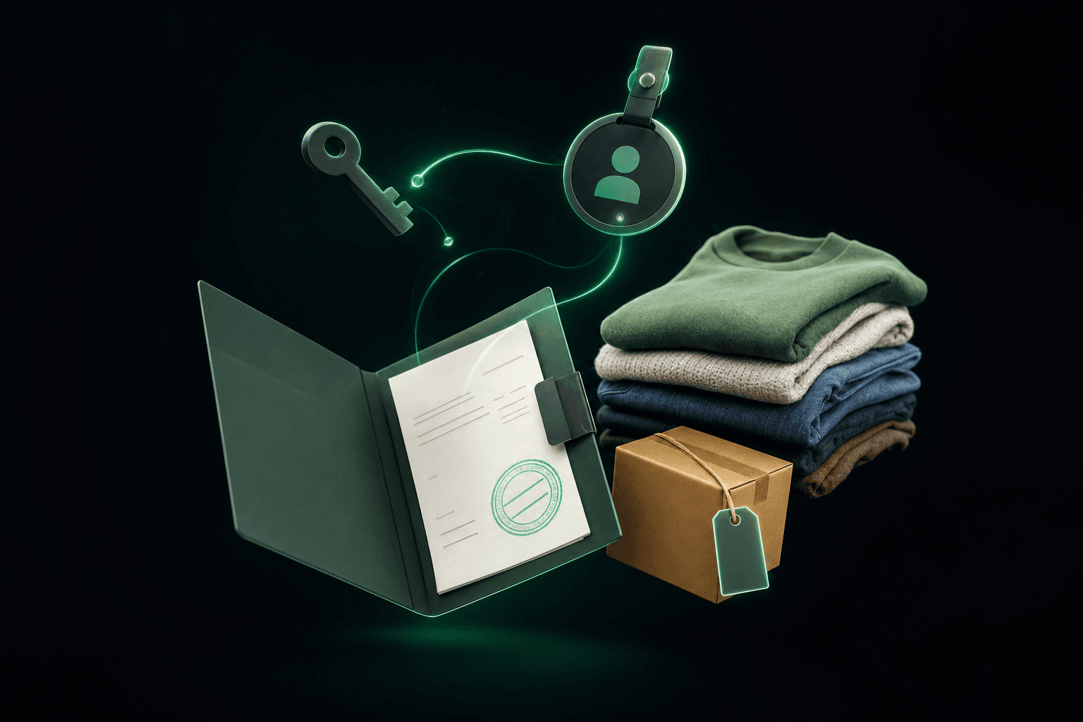 Dossier de création de micro-entreprise posé à côté de colis et de vêtements d'occasion prêts à être revendus sur Vinted