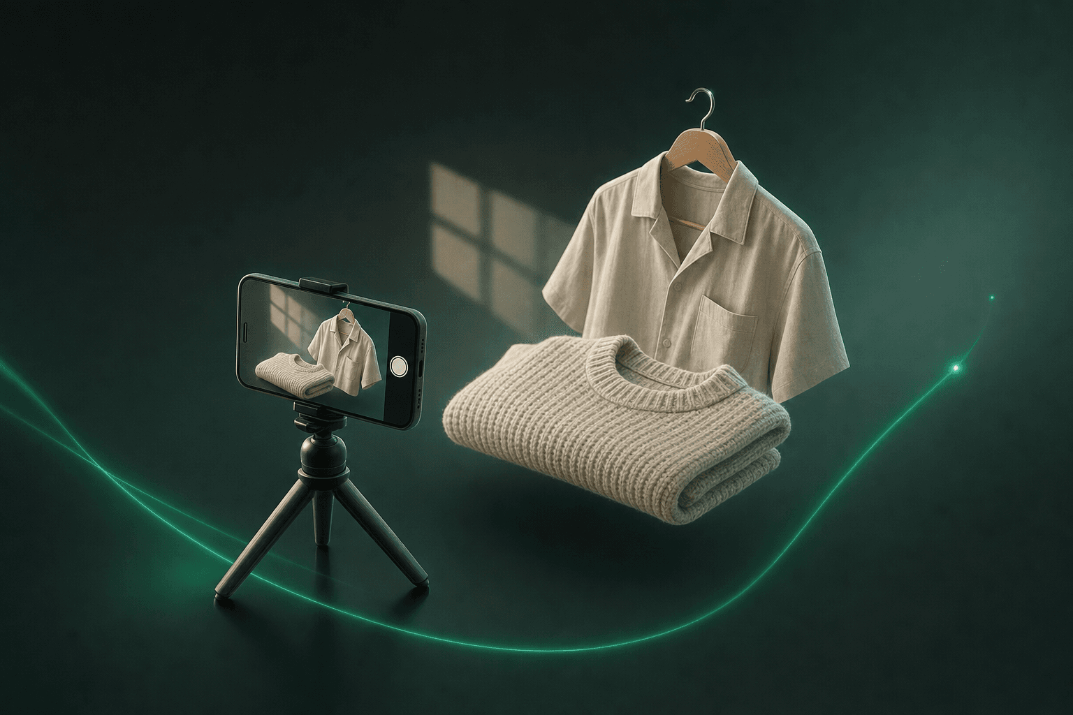 Smartphone sur trépied devant un pull plié et un cintre, éclairés par la lumière d'une fenêtre