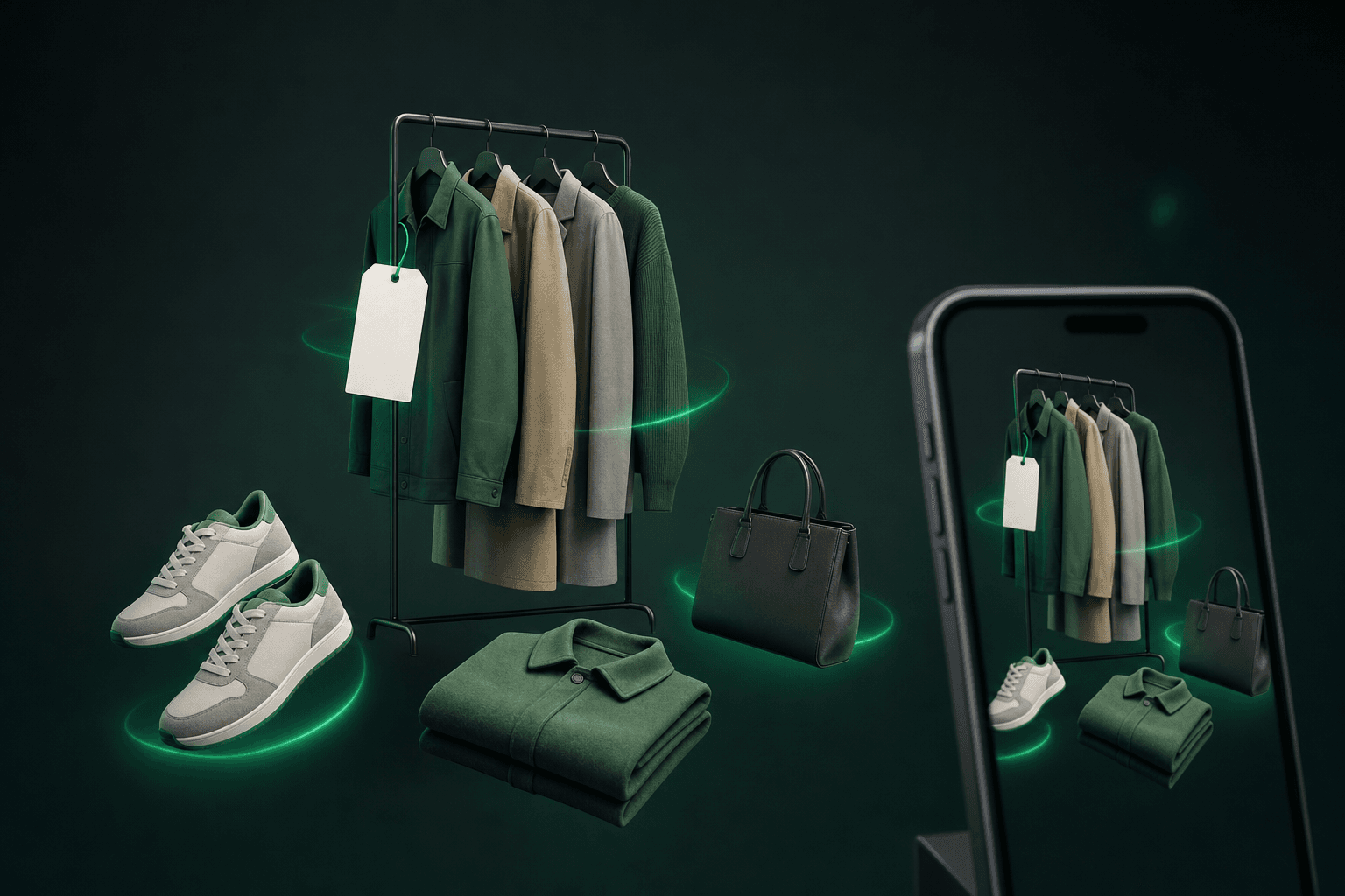 A clothes rack with sneakers, a handbag and a folded coat in front of a neutral background, with a smartphone photographing them for a Vinted listing