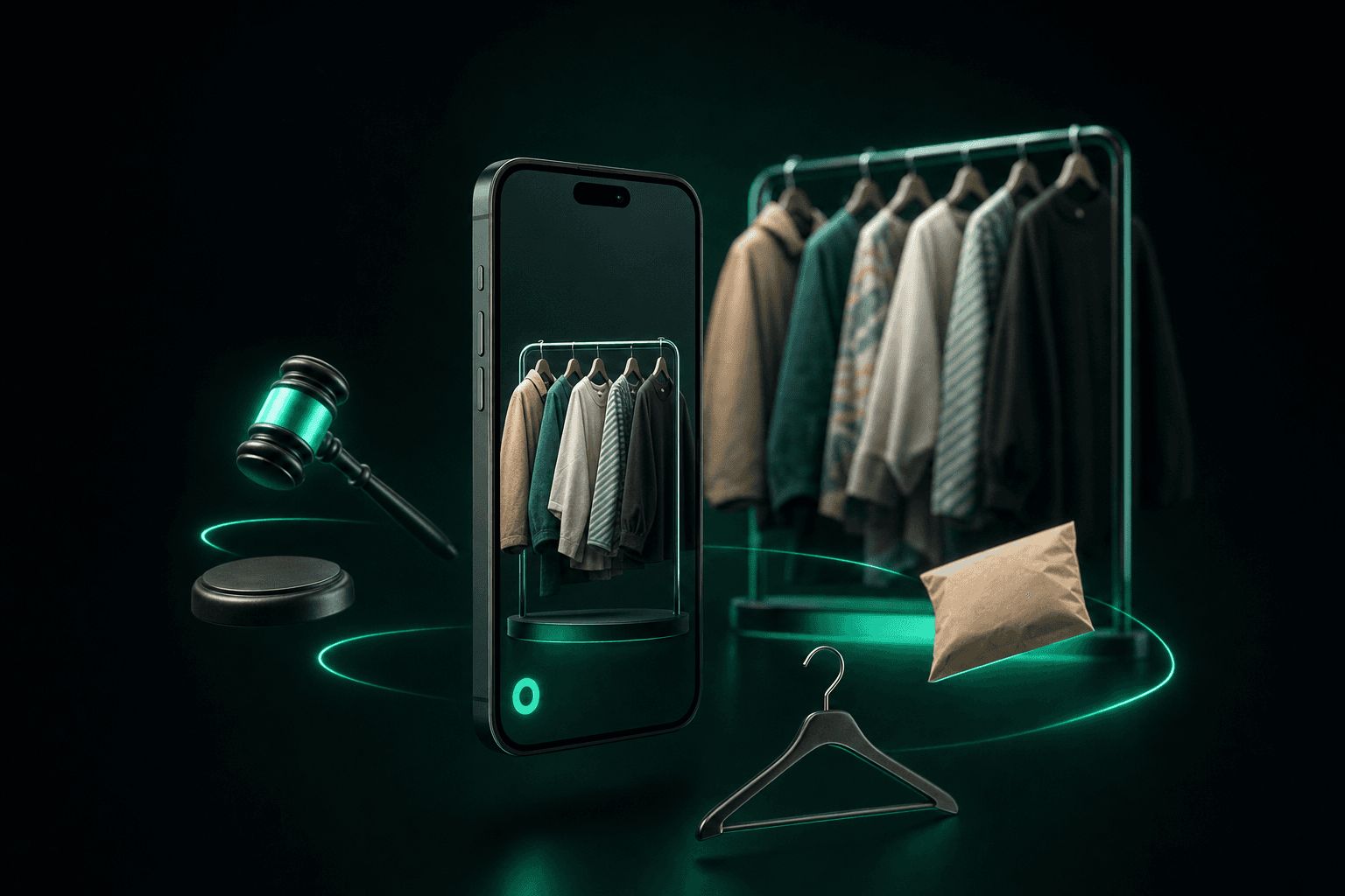 Smartphone en direct devant un portant de vêtements de seconde main, un marteau d'enchères et des colis